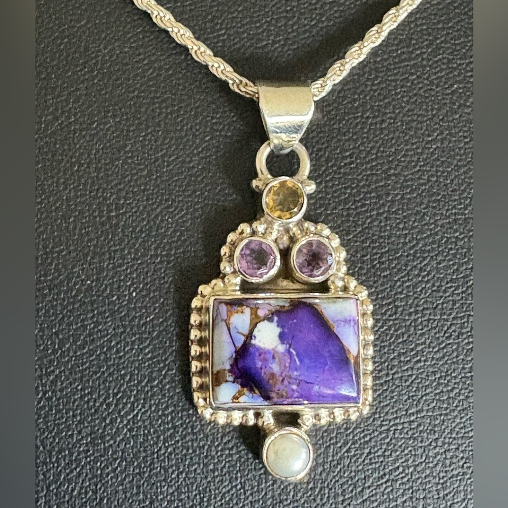 Pendant 925 Sterling Silver and Purple Mohave Turquoise Amethyst Gemstones